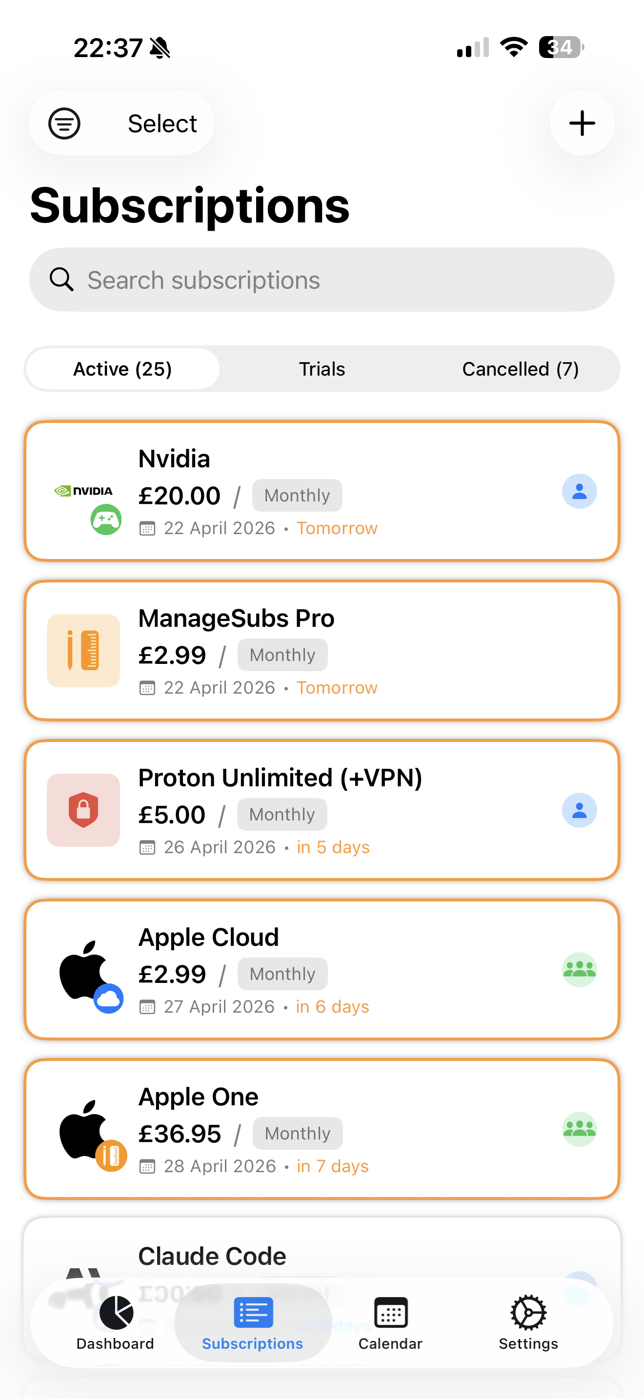 ManageSubs list of subscriptions with upcoming renewal dates